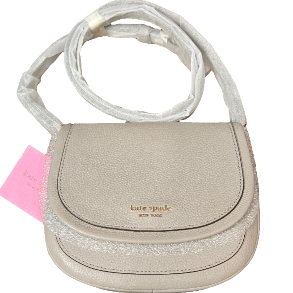 #58 NWT - Kate Spade Roulette Pebbled Leather Small Saddle Bag - Taupe
